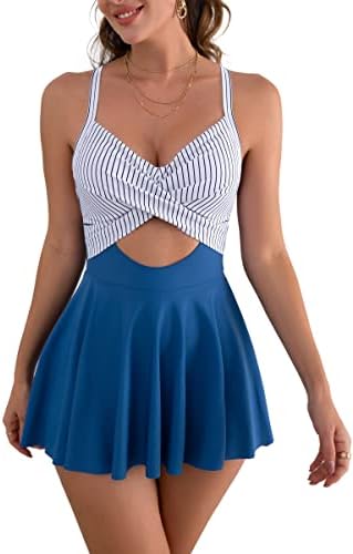 B2prity Women Cutout One Piece Skirt Swimsuit V Neck Wrap Tie Back Swimdress Tummy Control Bathing Suit(Stripe, Blue)