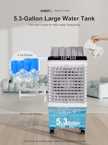 AKIRES Swamp Cooler,Portable Evaporative Air Cooler with 5.3-Gal Large Water Tank,110° Wide Oscillation,4 Ice Packs,12-H Timer,Cooling Tower Fans that Blow Cold Air for Bedroom Indoor Room (31IN) - Thumbnail 2
