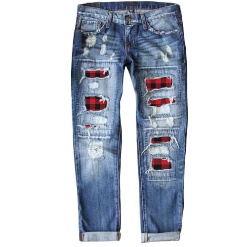 ZOCAVIA Women Trendy Denim Jeans Plaid Patch Ripped Low Pro Distressed Stretch Skinny Cute Boyfriend Pant for Women with Hole