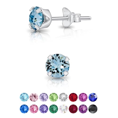 Pendientes Mujer Plata de Ley 925 con Cristal Swarovski Aguamarina 5 mm - Pendientes Brillantes de Colores - Pendientes Azul Aguamarina