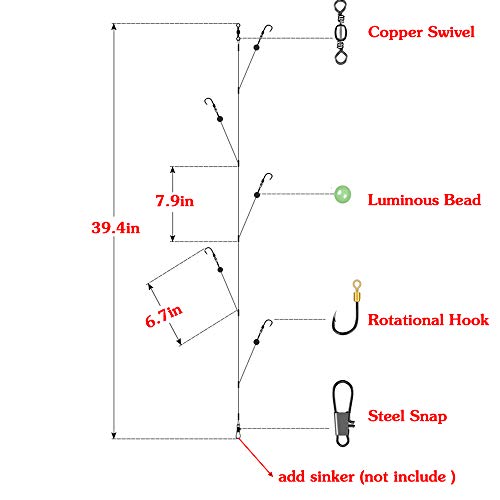 Fishing Hook With Leader,5 Hooks Fishing Rig-7 Strands Nylon Coated Fishing Leader With Swivle,Snap,Hooks #TOP21