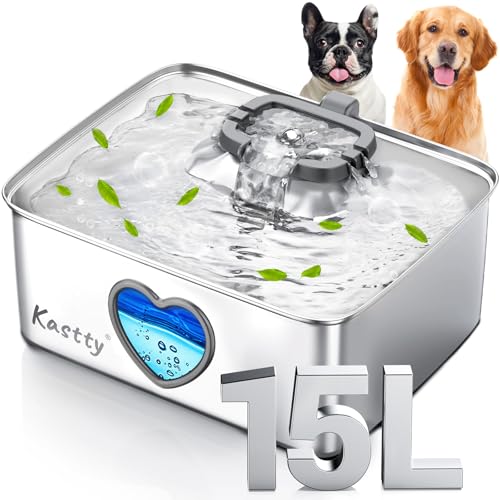 Kastty 4Gal/15L Edelstahl Hund Wasserbrunnen für Haustiere Innen FS80 | 5-stufige Filtration, zweifarbige LED, Sichtfenster, große, mittelgroße und mehrfache Haustiere