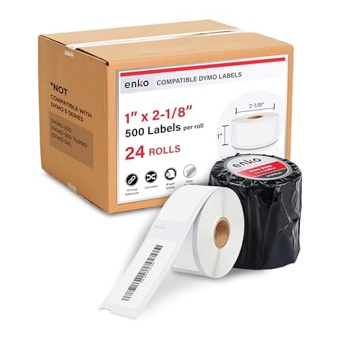 enKo Compatible for Dymo 30336 Labels (1" x 2-1/8") - 24 Rolls | 12,000 Labels for Dymo LabelWriter 450 Turbo Printer and 4XL - Blank White Direct Thermal Address, Shipping and Barcode Labels Cover