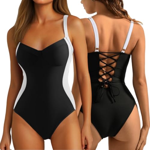 Gkaopi Bañador Mujer Reductor Barriga Traje de Baño de Una Pieza Cuello en V Push Up Cintura Alto Monokini con Relleno Sexy Bañadores Verano Bloqueo de Colores Swimsuit para Playa Natacion Piscina