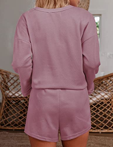 Merokeety Women's Long Sleeve Pajama Set Henley Knit Tops And Shorts Sleepwear Loungewear, Pink, M #TOP2