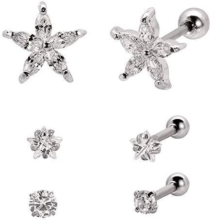 Star Earrings Stud Piercing Jewelry 4Pcs, 16G/20G Surgical Steel Helix Cartilage Earrings,Screw Back with Cubic Zirconia,Gift Set for Her Best Friend
