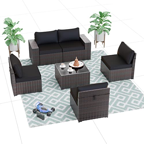 Alaulm Patio Furniture Sets 6 Pieces Patio Sectional Outdoor Furniture Patio Sofa Chairs Set All Weather Pe Rattan Wicker Couch Conversation Set With 5 Black Thickened Cushions & Coffee Table #TOP6