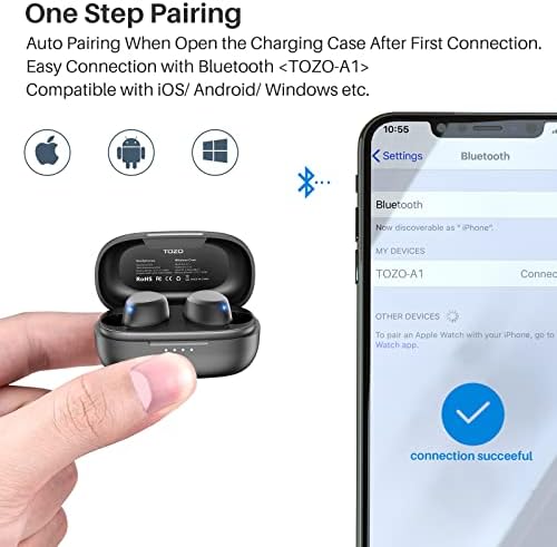 TOZO A1 Mini Wireless EarbudsBluetooth 5.3 Earphones in Ear Light-Weight Headphones Built-in Microphone, Immersive Premium Sound Long Distance Connection Headset with Charging Case, Black
