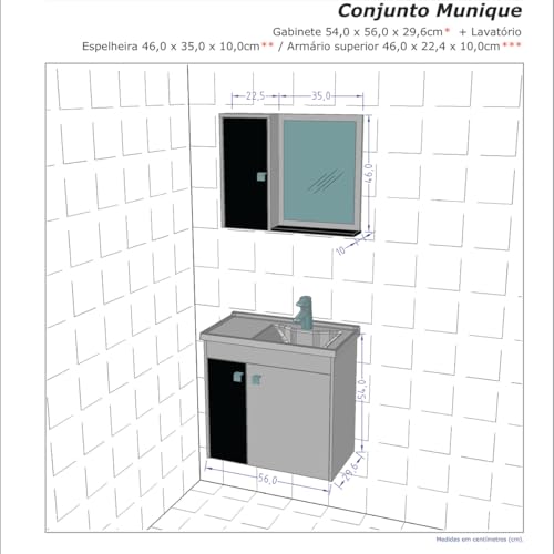 Armário Para Banheiro Kit Completo Munique Com Espelho Cuba e Armário Superior (Preto Fosco/Ripado)