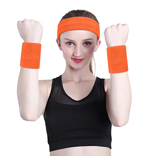 Image of ONUPGO Orange Sweatband Set Sports Headband Wrist Striped Sweatbands Terry Cloth Wristband Athletic Exercise Basketball Wrist Sweatband and Headbands Moisture Wicking Sweat Absorbing Head Band