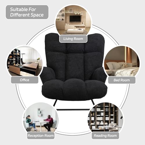 Image of Rocking Chair Nursery Teddy Upholstered Glider Rocker Rocking Accent Chair Padded Seat with High Backrest Armchair Comfy Side Chair for Living Room Bedroom Offices (Matte Black Teddy)