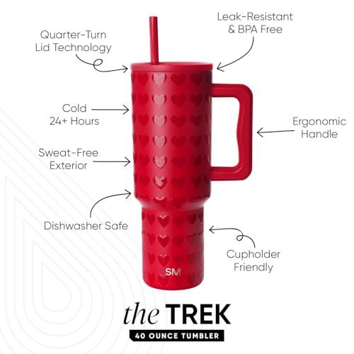 Image of Simple Modern Valentines Day 40 oz Tumbler with Handle and Straw Lid | Gift Insulated Reusable Stainless Steel Water Bottle Travel Mug Cupholder Use | Gifts for Women | Trek Collection | Red Hearts