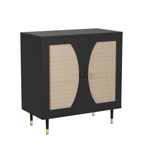Black Buffet Sideboard Cabinet, Rattan Sideboard with Natural Rattan Doors, Black Rattan Console Table with Storage, Modern Accent Buffet Cabinet with Adjustable Shelves for Living Dining Room - Thumbnail 4