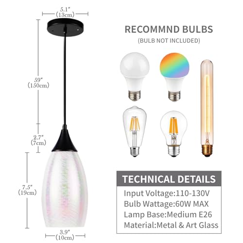Porseme Pendant Light Features Kitchen Island Hanging Lamp with Adjustable Black Cord Handcraft Art Glass Shade E26 Socket for Home Kitchen Sink Counter Make-up Table (White) — view 2
