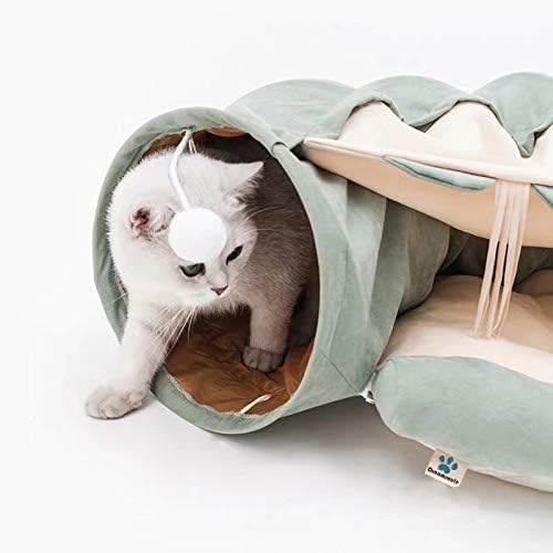 Cat Tunnel Bed with Cushion Mat, Cat Tunnel Toy Play Center with Collapsible Tube and Removable Thick Bed and 2 Hanging Scratching Balls, Peak Hole Hideout House for Cat Puppy Kitten (Green)