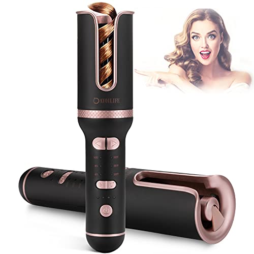 AYOILIFE Hair Curler, Cordless Curling Iron USB Rechargeable 360 Auto with Adjustable Temperature & Time Set & Fast Heating Ceramic Barrel,Travel & Home Hair Curling Wand for Curls or Waves,Black