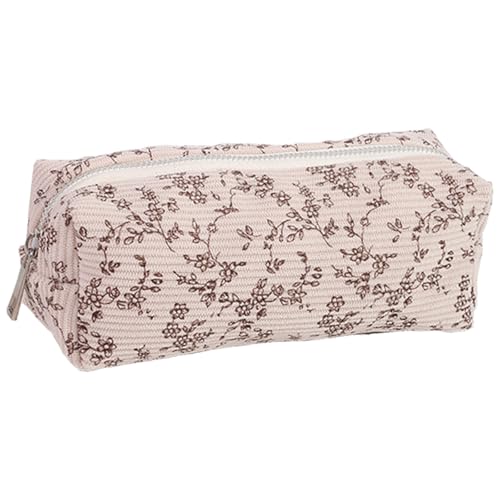 Qiwenr Pencil Pouch Aesthetic Pencilcase, Pencil Case Corduroy, Cute Floral Pencil Bag, Floral Print Pencil Case, Pen Pouch Portable Storage Bag, Cosmetic Bag for Travel, and is Easy to Carry (Beige)