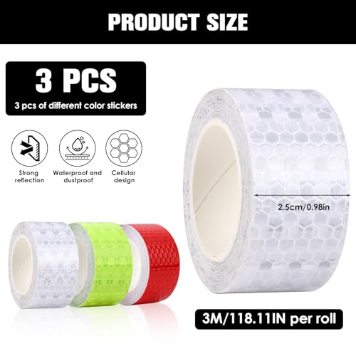 3 Rolls Reflective Tape, 2.5cm x 3m Waterproof Reflective Tape Adhesive Warning Night Reflector Strips High Visibility Stickers High Intensity for Outdoor Vehicles Safety Reminder Yellow White Red