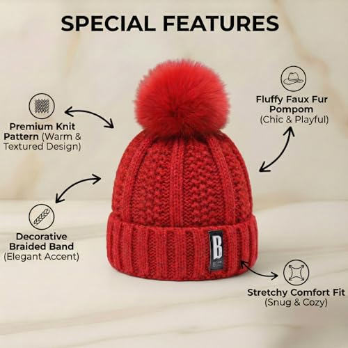 Image of Kraptick Women's Winter Cap - Knit Beanie with Soft Fleece Lining Hat, Stylish Pom Pom Thick Woollen Skull Cap, Warm Hat for Ladies & Girls -3