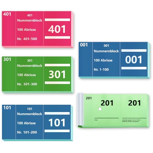 5 números dobles de haya, números 1 – 500, 3 colores, 5 x 10 cm, bloque numérico, números de tombola, números sueltos, números numerados, bloc de números dobles, azul, verde, rosa