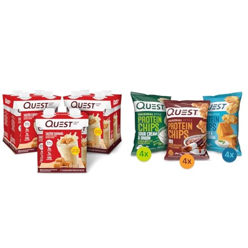 Quest Nutrition Ready to Drink Salted Caramel Protein Shake, High Protein & Protein Chips Variety Pack, (BBQ, Cheddar & Sour Cream, Sour Cream & Onion), High Protein, Low Carb, 1.1 Ounce (Pack of 12)