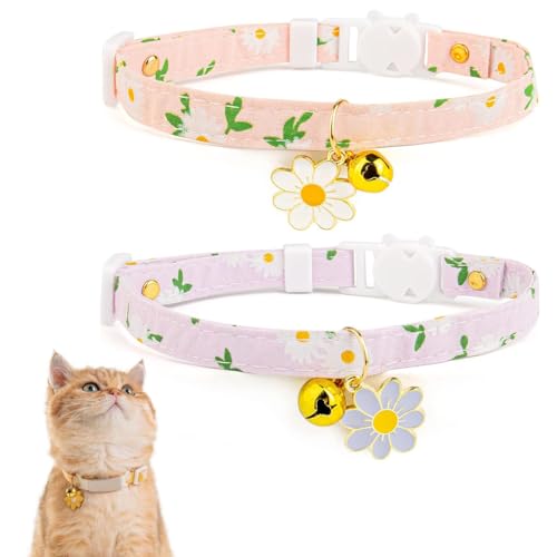 VZUHSW Collar para Gato Personalizado con Hebilla de Liberación Rápida y Antiahogo, Set de 2 Collares con Cascabeles de Algodón y Colgante de Flor en Rosa y Morado, Ideal para Gatitos,