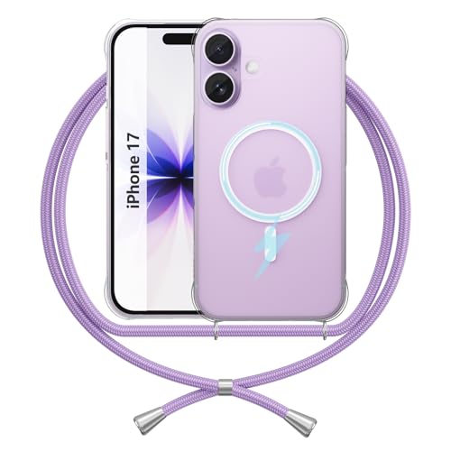 Coque Collier Compatible avec iPhone 17, Transparente Anti Jaune Shockproof Coins Renforcés TPU, Lavande Blanc