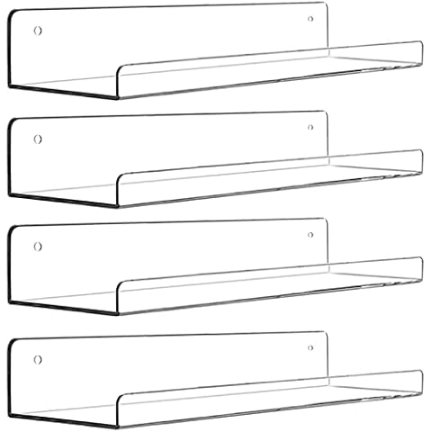 Cerpourt Acrylic Floating Wall Ledge Shelf, Wall Mounted Nursery Kids Bookshelf, Invisible Spice Rack, Clear Bathroom Storage Shelves Display,Acrylic 15" Invisible Bookshelf, Set of 4 Cover