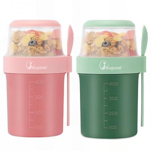 Bugucat Vasos de cereales 2 en 1 para llevar, 560 ml+310 ml, práctico vaso de yogur y cereales para picnic, juego de 2 unidades, a prueba de fugas, vaso de yogur para llevar, verde y rosa
