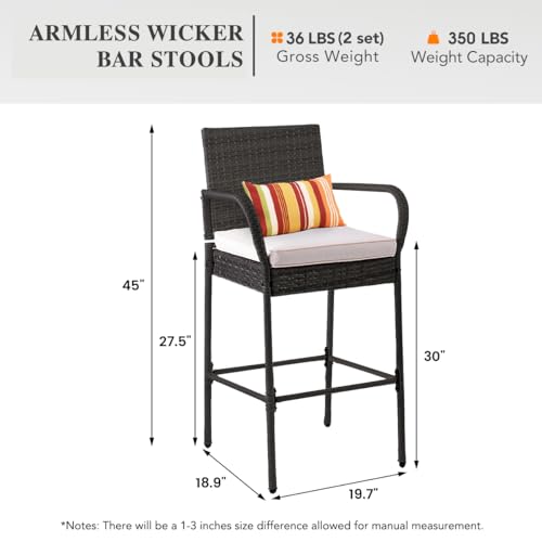 Image of Sundale Outdoor Wicker Bar Stool Set of 2, Patio Counter Height Pub Chair with Arms, High Top Rattan Barstool, Cushion Beige, All-Weather Outdoor Rattan Furniture (Gray&Beige, Small Seat - 2 Stools)