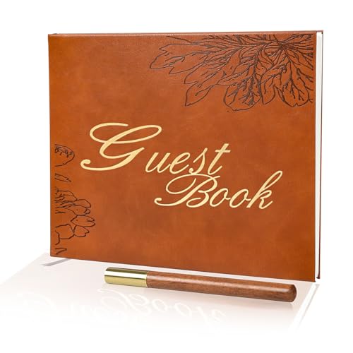 Leather Wedding Guest Book,Visitor Log Guest Book for Vacation Home,Wedding Reception,Funeral,Party,Memorial Service,10.3x8'' Embossed Open House Guest Sign in Book with Wood Grain Pen for Guests