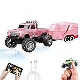 EXVQMU Mini RC Car, 1/64 Scale Mini Remote Control Monster Truck with Trailer, 2.4Ghz & APP Remote Control, Rechargeable Alloy Shell Mini RC Cars with Lights, Speed/Steering Adjustable (Pink)