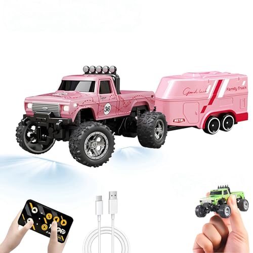 EXVQMU Mini RC Car, 1/64 Scale Mini Remote Control Monster Truck with Trailer, 2.4Ghz & APP Remote Control, Rechargeable Alloy Shell Mini RC Cars with Lights, Speed/Steering Adjustable (Pink)