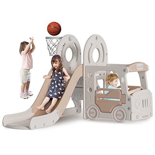 Lischwert Toddler Slide, Indoor Slide Playground Set For Kids, Outdoor Slide Freestanding Playset, 4-In-1 Slide With Basketball Hoop, Bus Playhouse And Climber For Kids Age 1+(Coffee) #TOP6