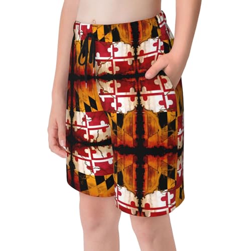 Vintage Wooden Maryland Flag Youth Beach Pants, Soft and Breathable, with Drawstring Waist, Suitable for Sports and Leisure.4