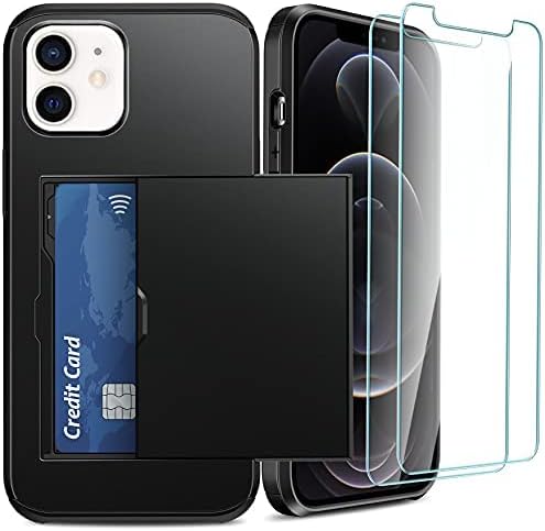 iPhone 12 Case, iPhone 12 Pro Case, SUPBEC Silicone Shockproof Wallet Cover and Screen Protector [x2] [Sliding Card Slot] [Military Grade Protection], iPhone 12 Case with Card Holder, 6.1", Black