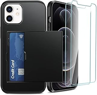 iPhone 12 Case, iPhone 12 Pro Case, SUPBEC Silicone Shockproof Wallet Cover and Screen Protector [x2] [Sliding Card Slot] [Military Grade Protection], iPhone 12 Case with Card Holder, 6.1", Black