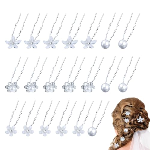 20 horquillas de boda, 4 tipos de pelo en forma de U con diamantes de imitación y flores de perlas de accesorio para el cabello, boda, para mujeres, niñas, dama de honor comunión