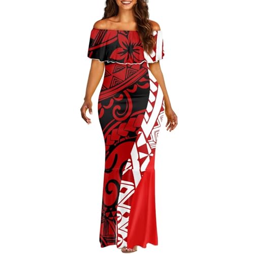 Xixirimido Robe polynésienne pour femme, longueur longue, sans épaules, robe moulante, Samoa, Puletasi, volants, robe d'été, XXL