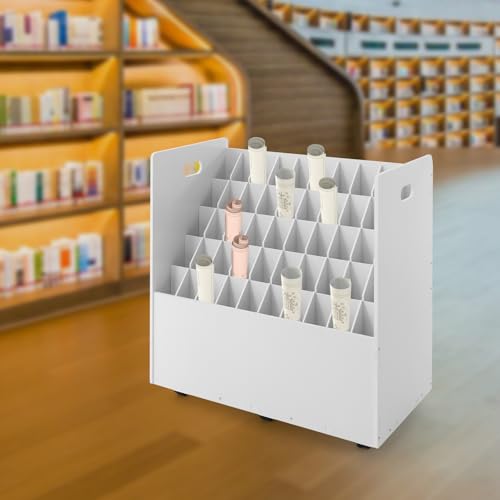 50 Slot Blue Print Storage Organizer with Wheels,Movable Roll File Storage Cart,Roll Files Storage for Office and Home (White)