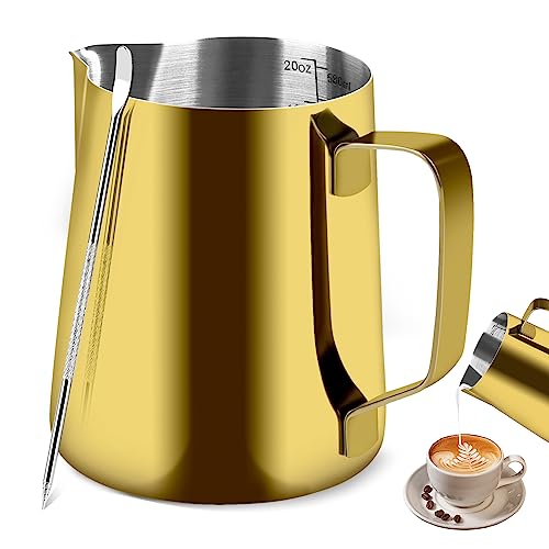 Milk Frothing Pitcher, 20OZ/600ML Stainless Steel Espresso Steaming Pitcher Coffee