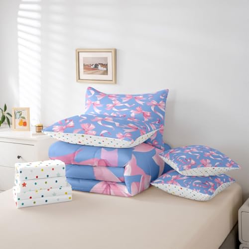Image of Princess Bow Full Size Bed Sheets and Comforter Set | Kawaii Bow Tie 7 Piece Bedding Set Pink Bowknot Bed in a Bag, Dreamy Ribbon Bow-Tie Room Decor,Blue