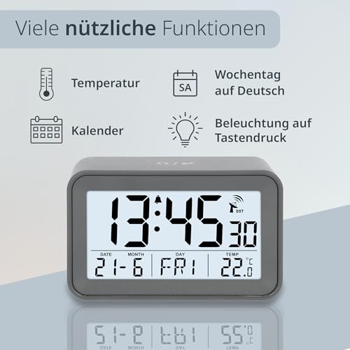 ADE Digitaler Funkwecker mit Licht | Wecker mit Temperaturanzeige und Kalender | kompakter Reisewecker | hübsches matt graues Gehäuse | mit Batterie