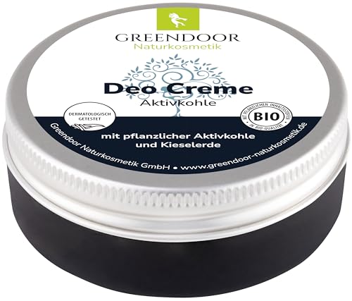Greendoor Deo crema con carbone attivo 50 ml, crema deodorante senza sali di alluminio, vegano, senza alcol, naturalmente senza esperimenti su animali, cosmetici naturali con aloe vera, Bio