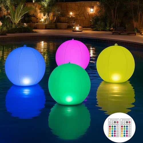 4 PCS Solar Floating Pool Light,14''Solar Powered Color Changing Pool Lights with Remote,Inflatable Hangable Waterproof Solar Powered LED Glow Ball Decor for Swimming,Garden,Lawn