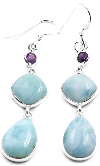Natural Larimar Amethyst Earring,925 Sterling Silver Earring Boho Earring Handmade Designer Drop & Dangle Ear ring For Anniversary Silver Earring