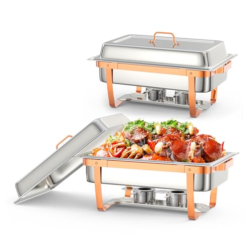 2 Pack Chafing Dish Buffet Set,8 QT Rectangle Chafing Dishes for Buffet w/Lid Holder, Stainless Steel Chafer Food Warmers Servers for Kitchen Party Banquet Dining,Rose Gold by Garvee - Used condition - CA$65.44
