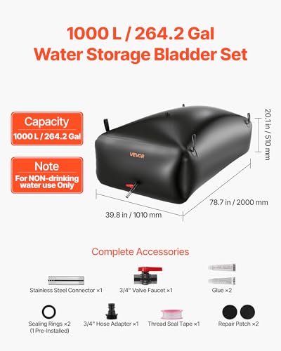 Image of VEVOR Water Storage Bladder, 264.2 Gal Collapsible Water Storage Bag, Wear-Resistant 1000D PVC Soft Waters Bag, Leakproof Camping Tank Containers for Garden Irrigation RV Emergency Use, Black