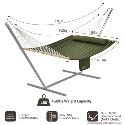 Image of CHULIM Double Quilted Fabric Hammock with Hardwood Spreader Bars and Pillow 450 LBS Capacity 2 Person Large Hammock for Outdoor Patio Backyard Poolside - Green