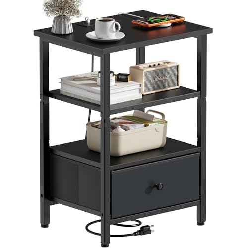 Tensirock Side Table with Charging Station, Nightstand with Adjustable Fabric